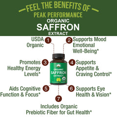 Peak Performance saffron capsules close-up on label showing organic certification