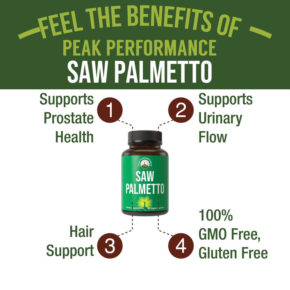 Close-up of Peak Performance Saw Palmetto capsules showing vegan formulation