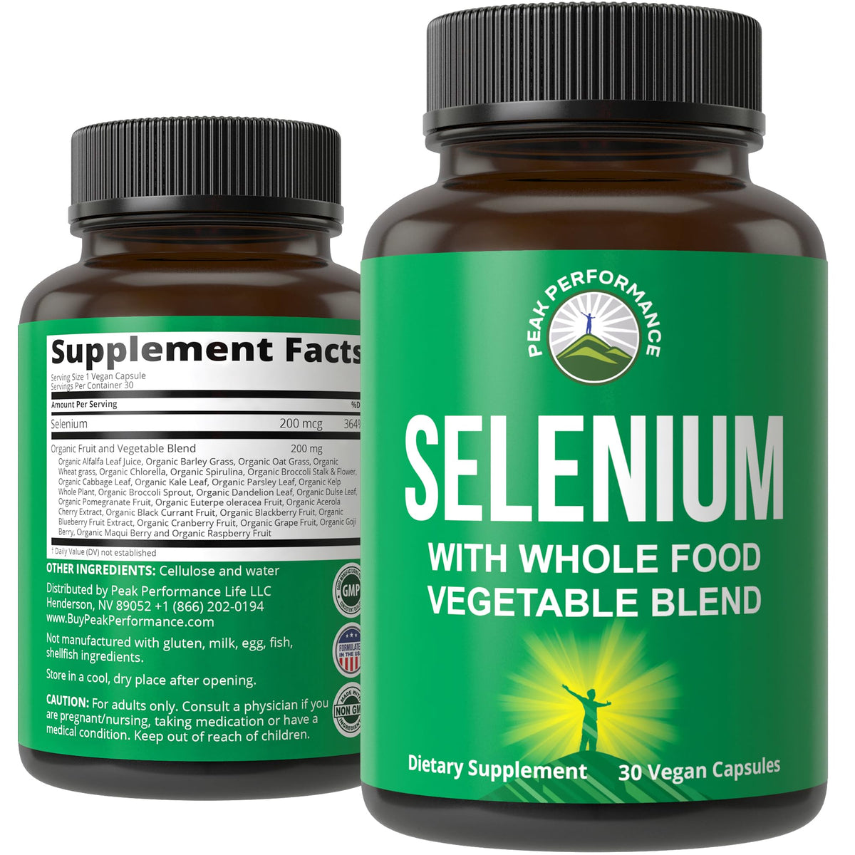 Peak Performance selenium capsules with a vibrant whole-food blend for enhanced absorption