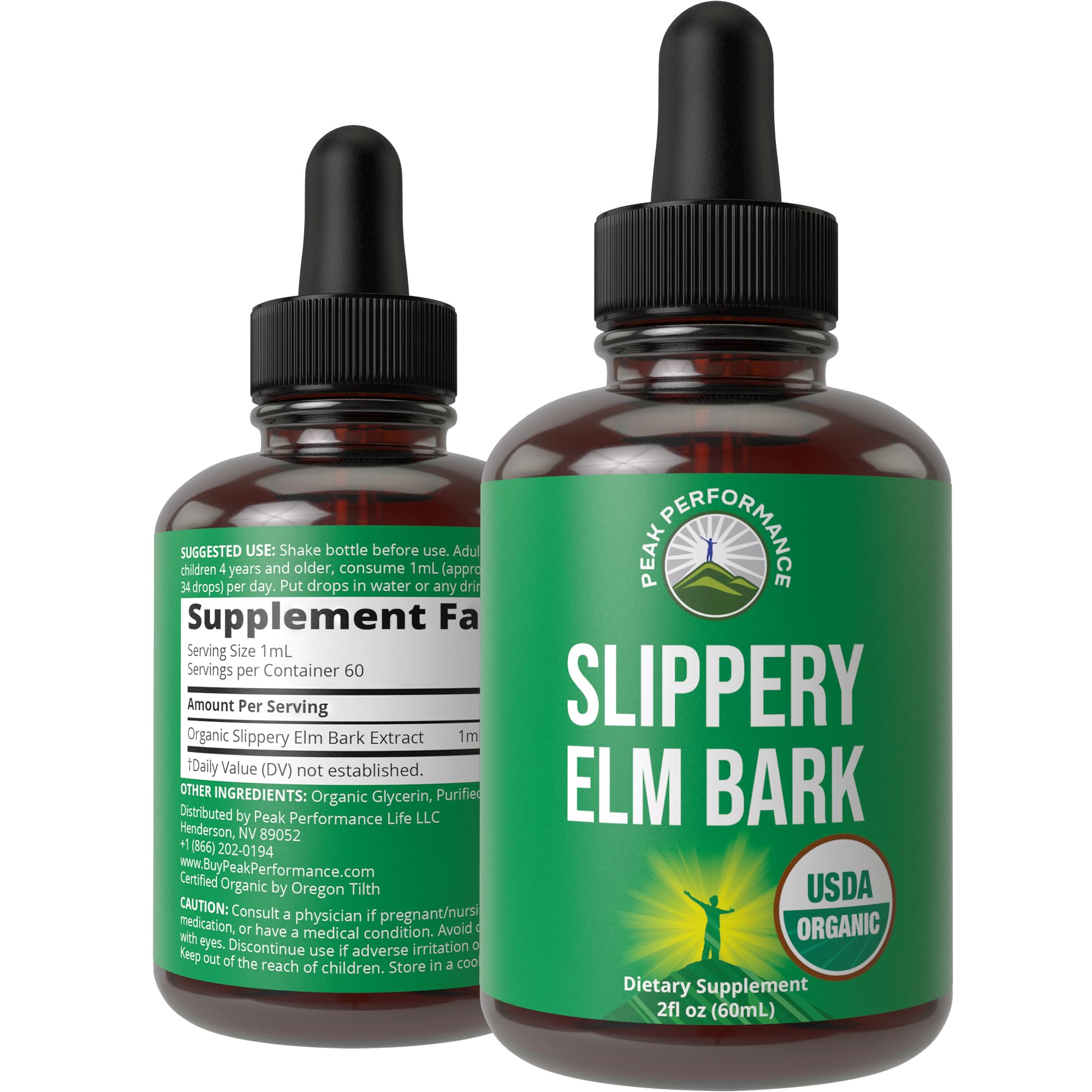 Peak Performance Slippery Elm Drops bottle highlighting organic, high-bioavailability formula for throat comfort