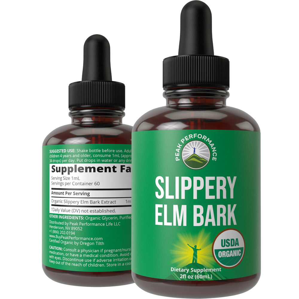 Peak Performance Slippery Elm Drops bottle highlighting organic, high-bioavailability formula for throat comfort