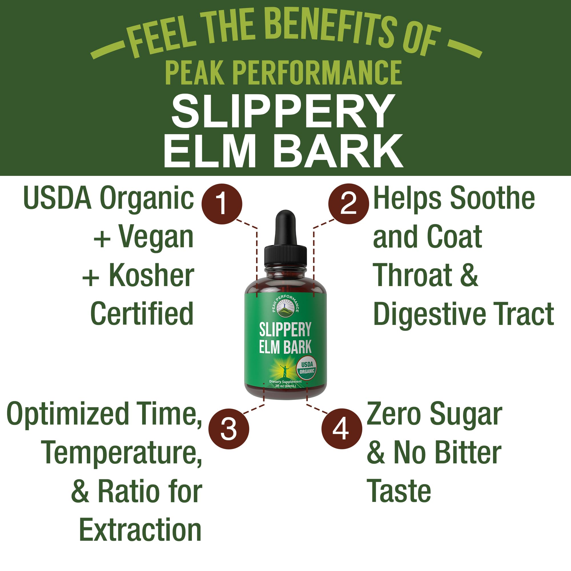 Peak Performance Slippery Elm Drops dropper showing precise dosing and zero sugar use