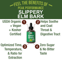 Peak Performance Slippery Elm Drops dropper showing precise dosing and zero sugar use