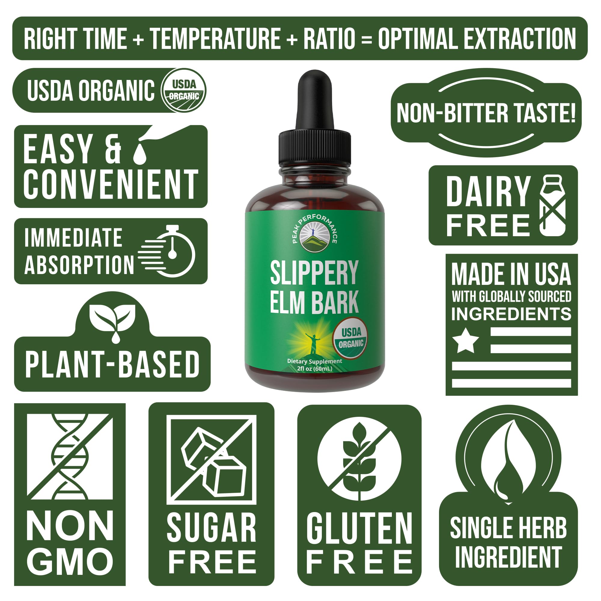 Peak Performance Slippery Elm Drops ingredients image highlights allergen-free, plant-based extract