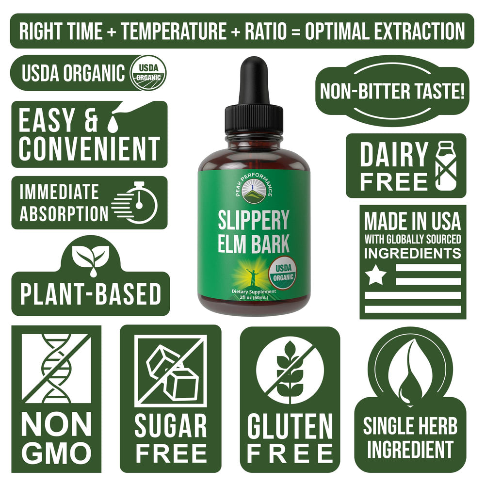 Peak Performance Slippery Elm Drops ingredients image highlights allergen-free, plant-based extract