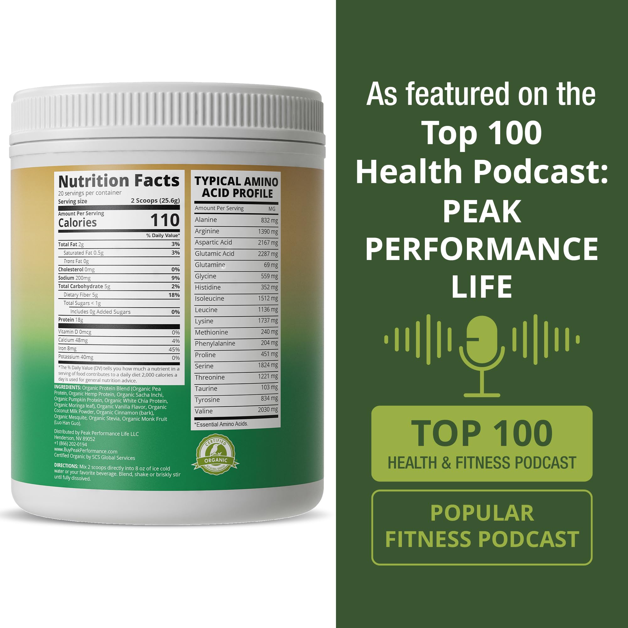 Peak Performance smoothie-ready plant protein mix poured into a glass