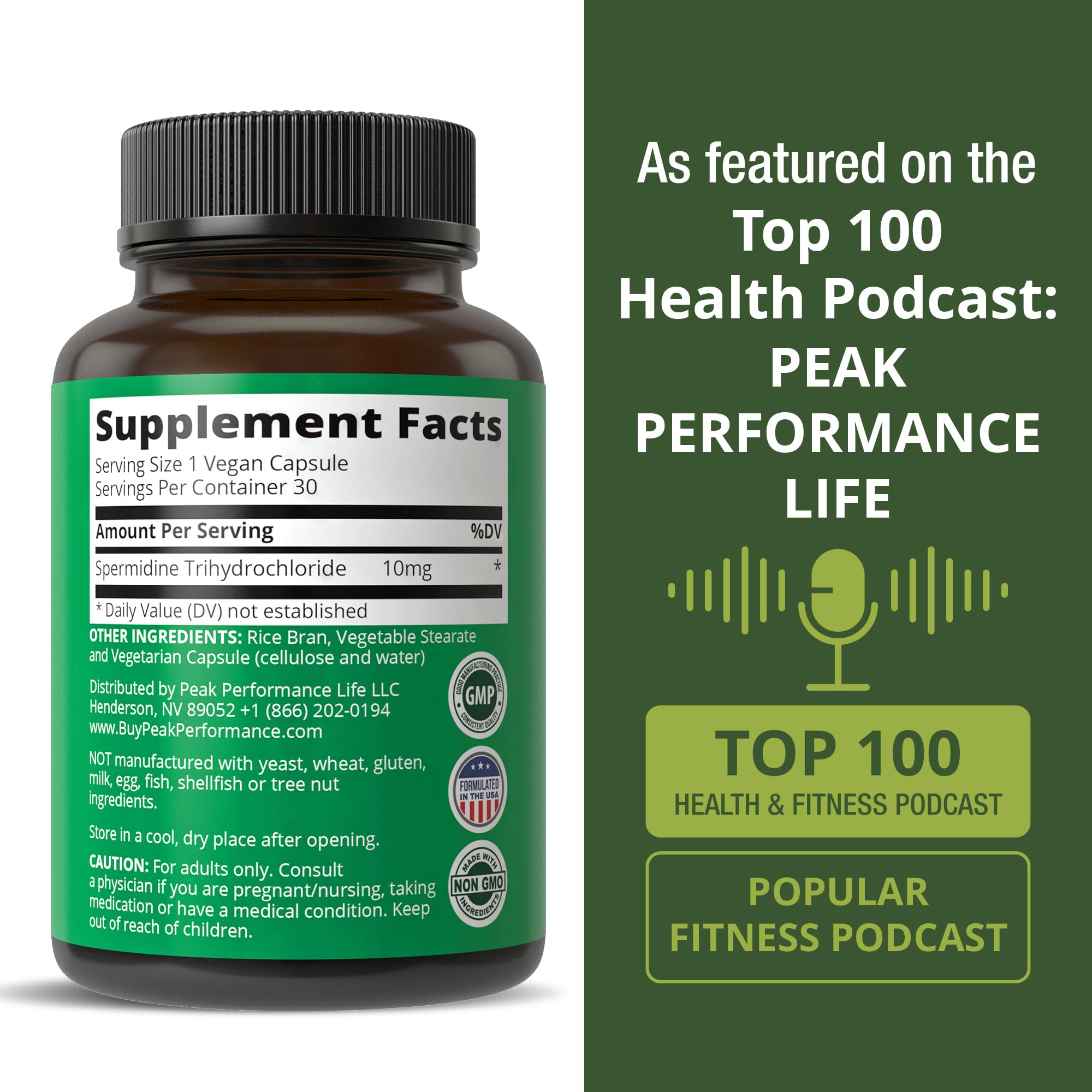 Peak Performance Spermidine USA tested seal indicates quality standards.