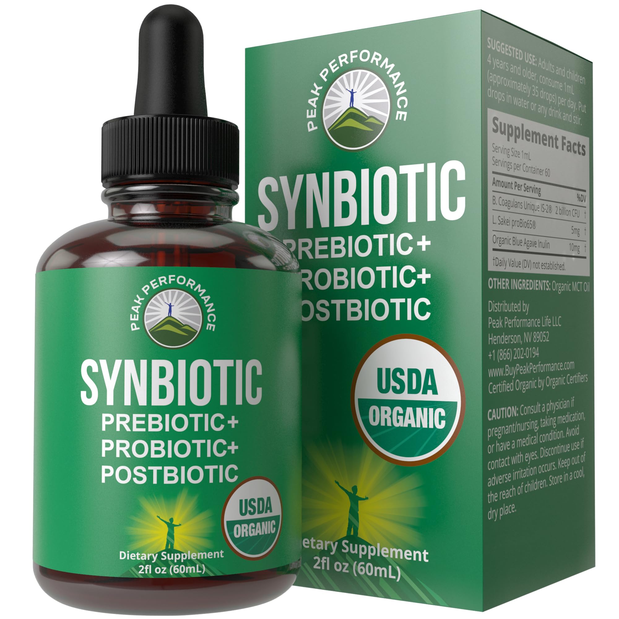 Peak Performance Synbiotic bottle front view for overall gut support and daily wellness.