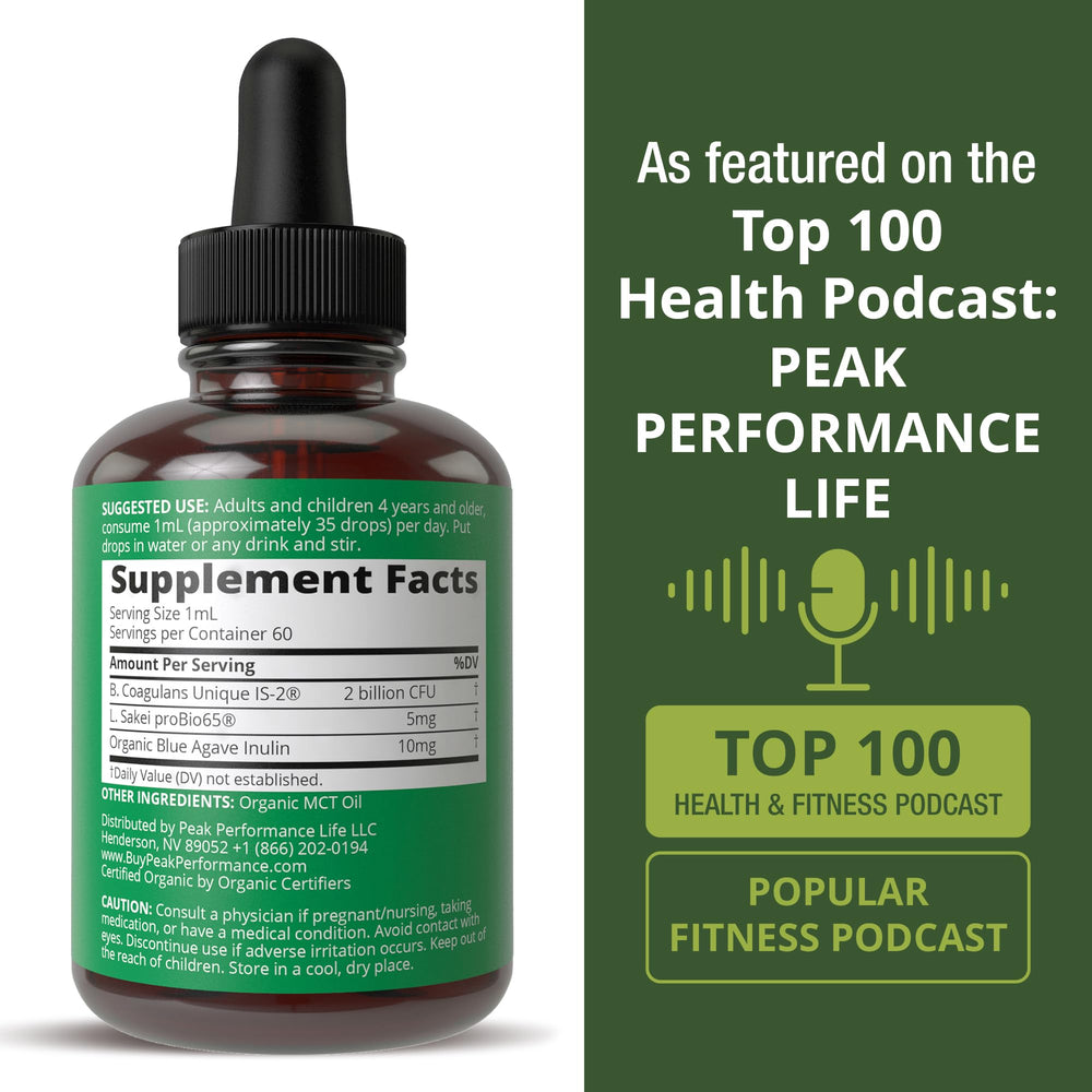 Peak Performance Synbiotic bottle label USA emphasizing USA-made and clean ingredients.