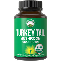 Peak Performance Turkey Tail capsules bottle on a clean surface for daily immune support