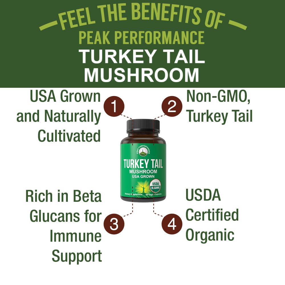 Closeup of Peak Performance turkey tail capsules showing easy daily use