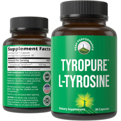 Peak Performance TyroPure L-Tyrosine capsule on bottle promoting mental clarity.