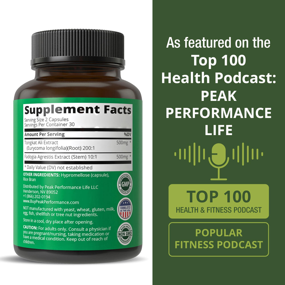 Peak Performance USA-tested pills badge on packaging for reliability