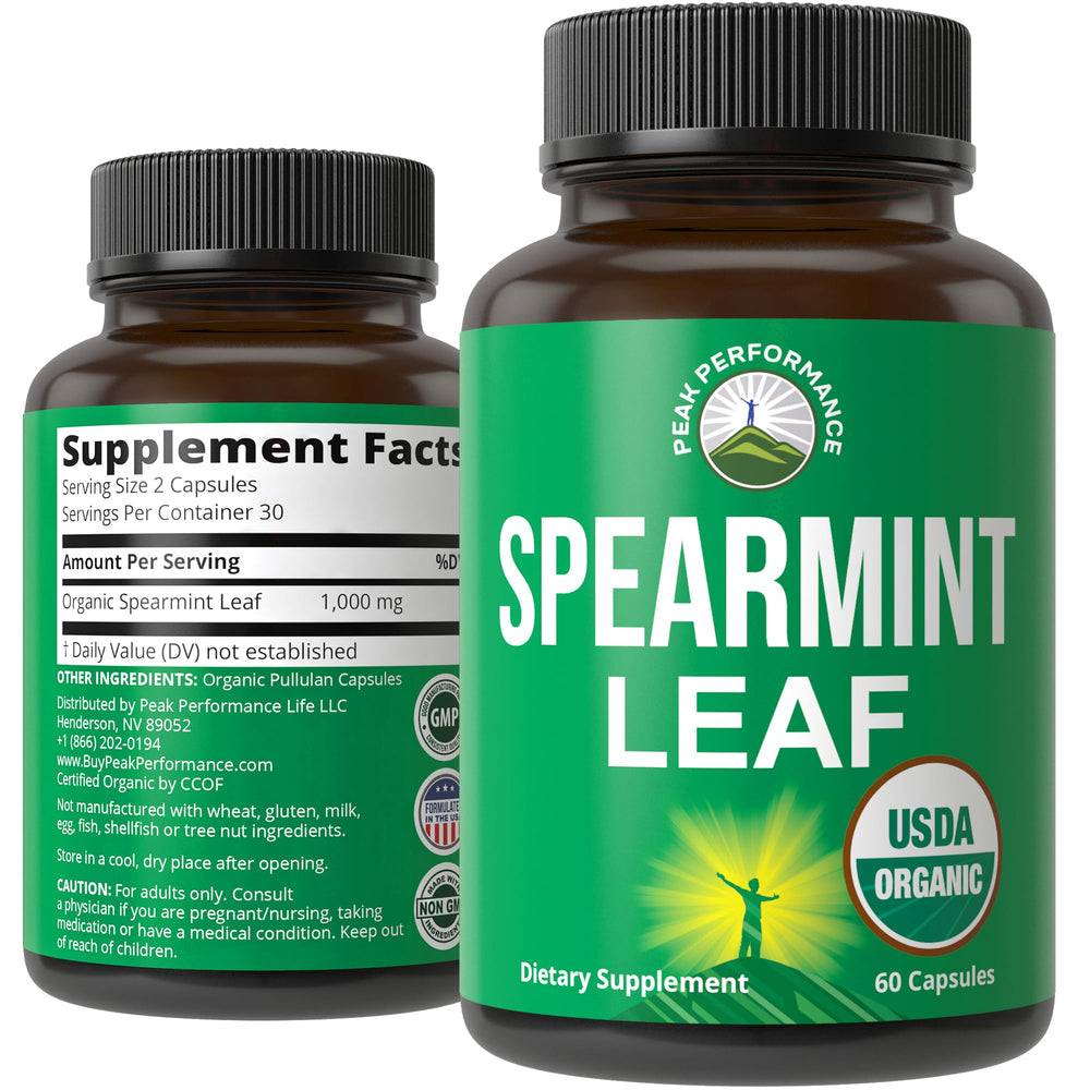 Peak Performance USDA Organic Spearmint Capsules bottle front for everyday digestive support