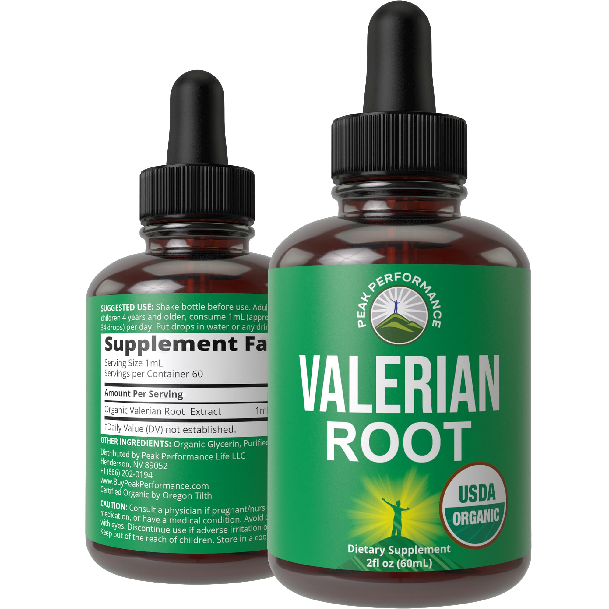 Peak Performance valerian root liquid drops bottle close-up for easy dosing.