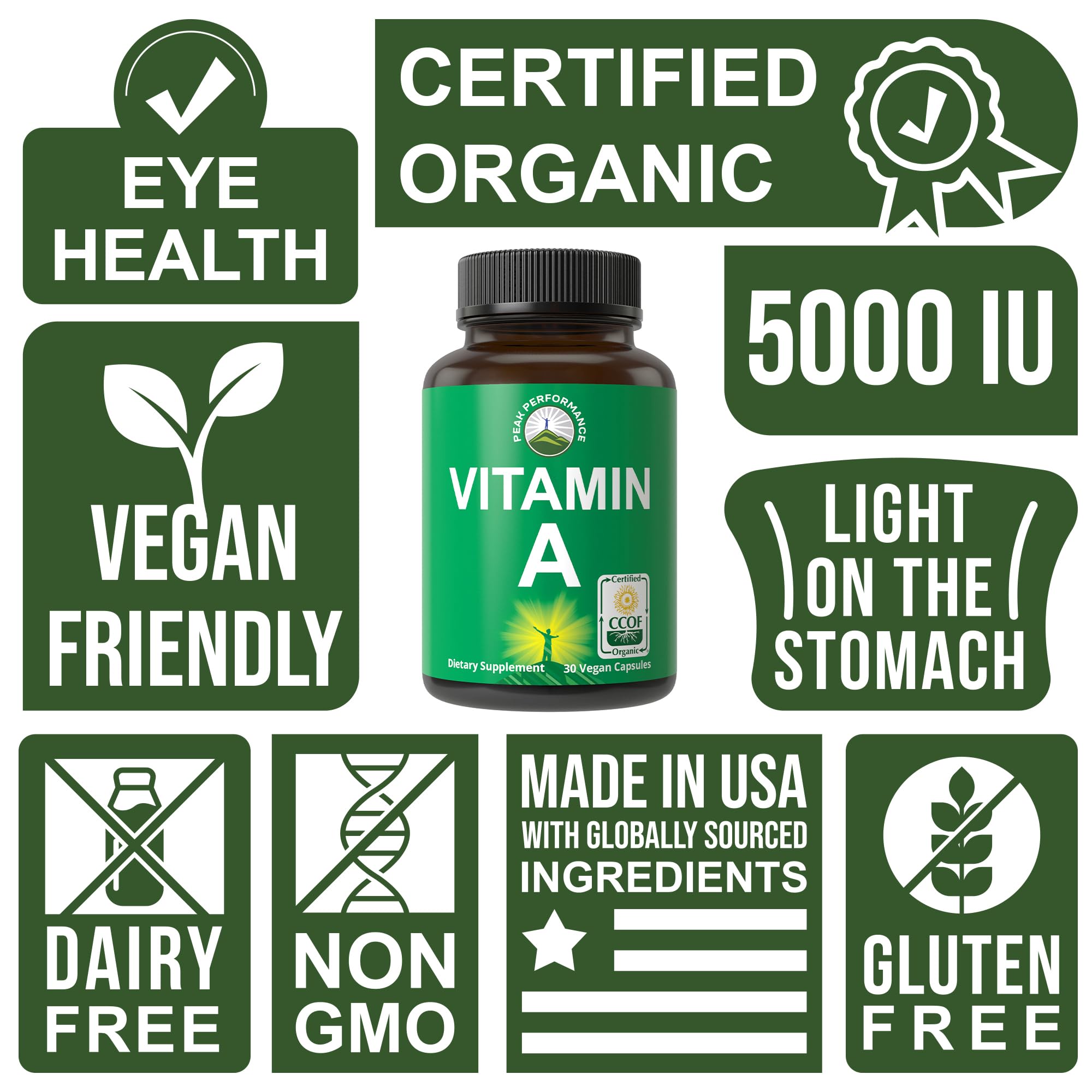 Peak Performance vegan non-GMO label on bottle communicates clean, plant-based ingredients.