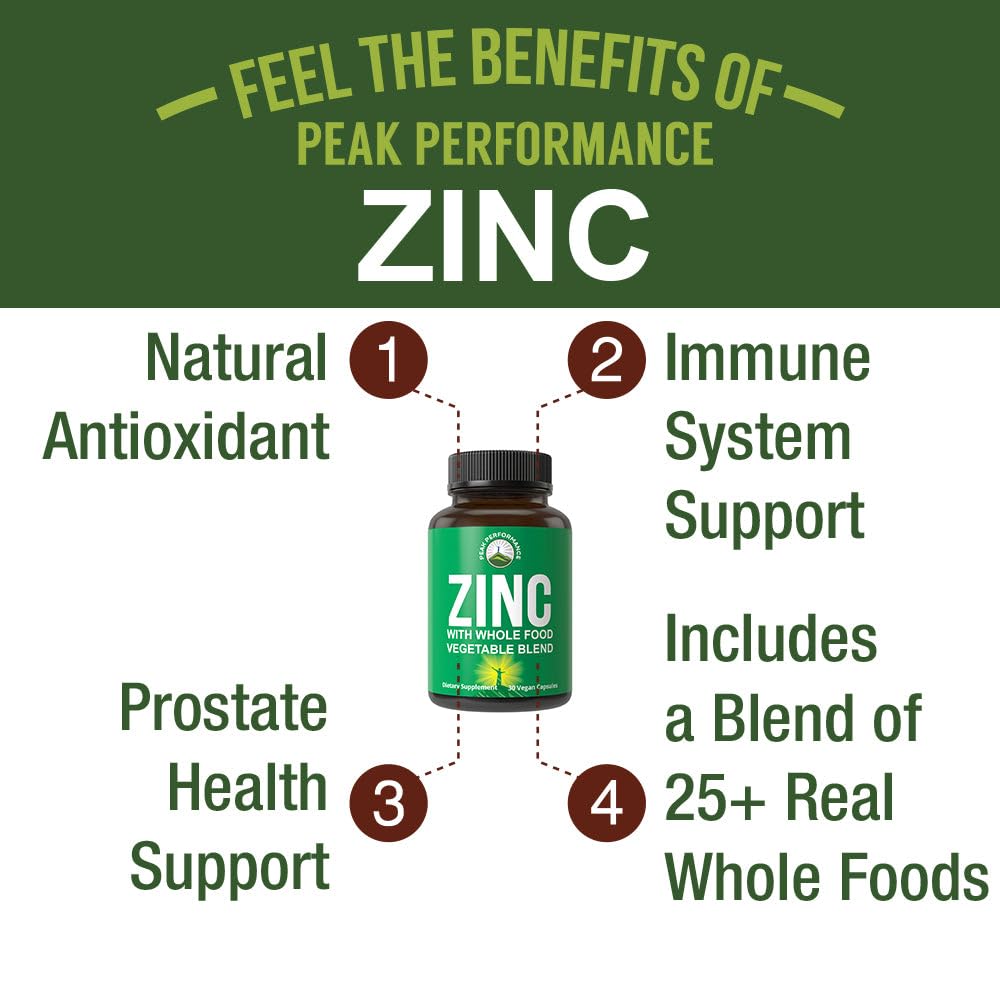Peak Performance vegan zinc with vitamin C bottle highlighting high potency