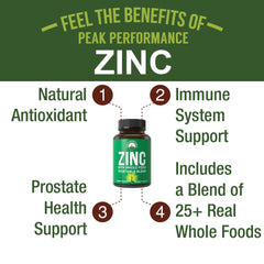 Peak Performance vegan zinc with vitamin C bottle highlighting high potency
