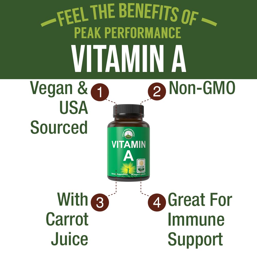 Peak Performance vitamin A capsules close-up highlights high-potency 5000 IU formula for adults and kids.