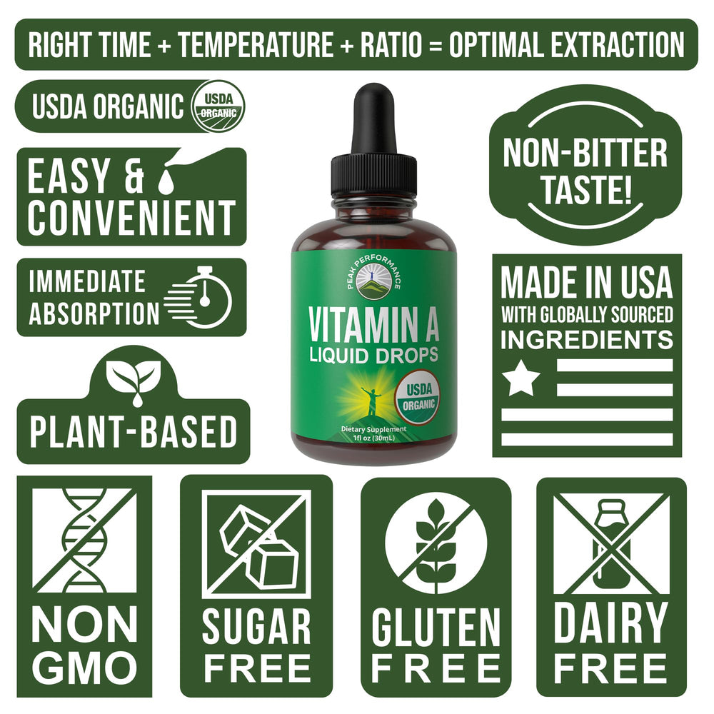 Peak Performance Vitamin A Liquid Drops packaging emphasizing organic gluten-free vegan formula