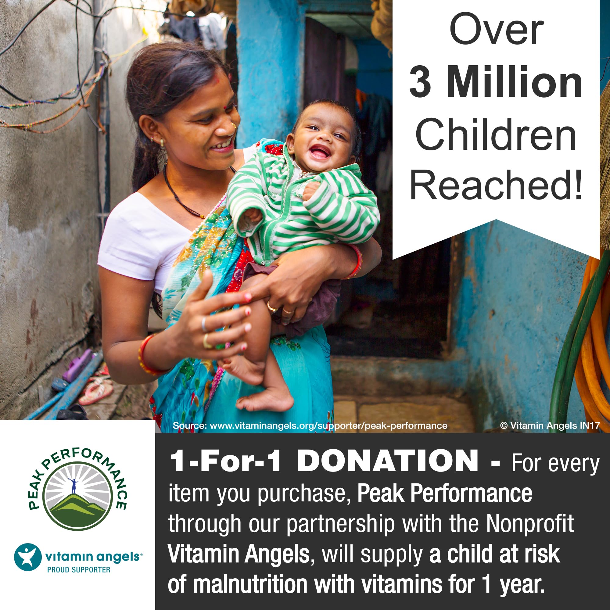 Peak Performance Vitamin Angels donation program banner highlighted.