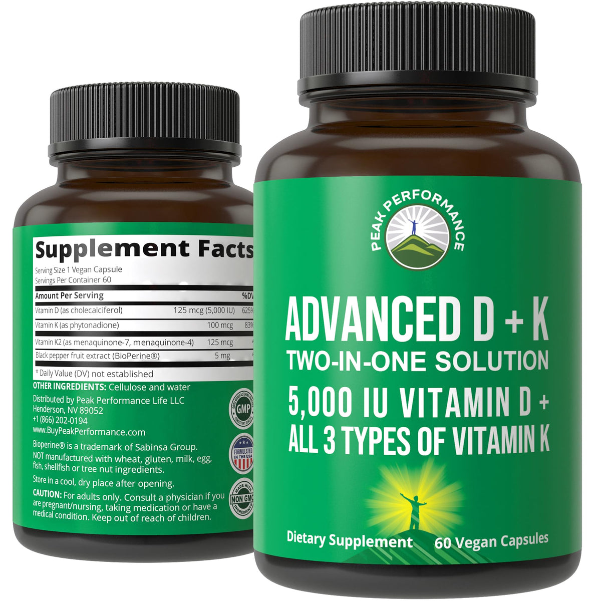 Peak Performance Vitamin D 5000IU bottle front view supporting bone health and immune function.