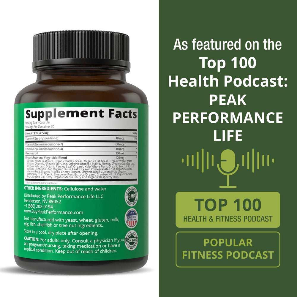 Peak Performance Vitamin K capsules manufactured under GMP and USA standards