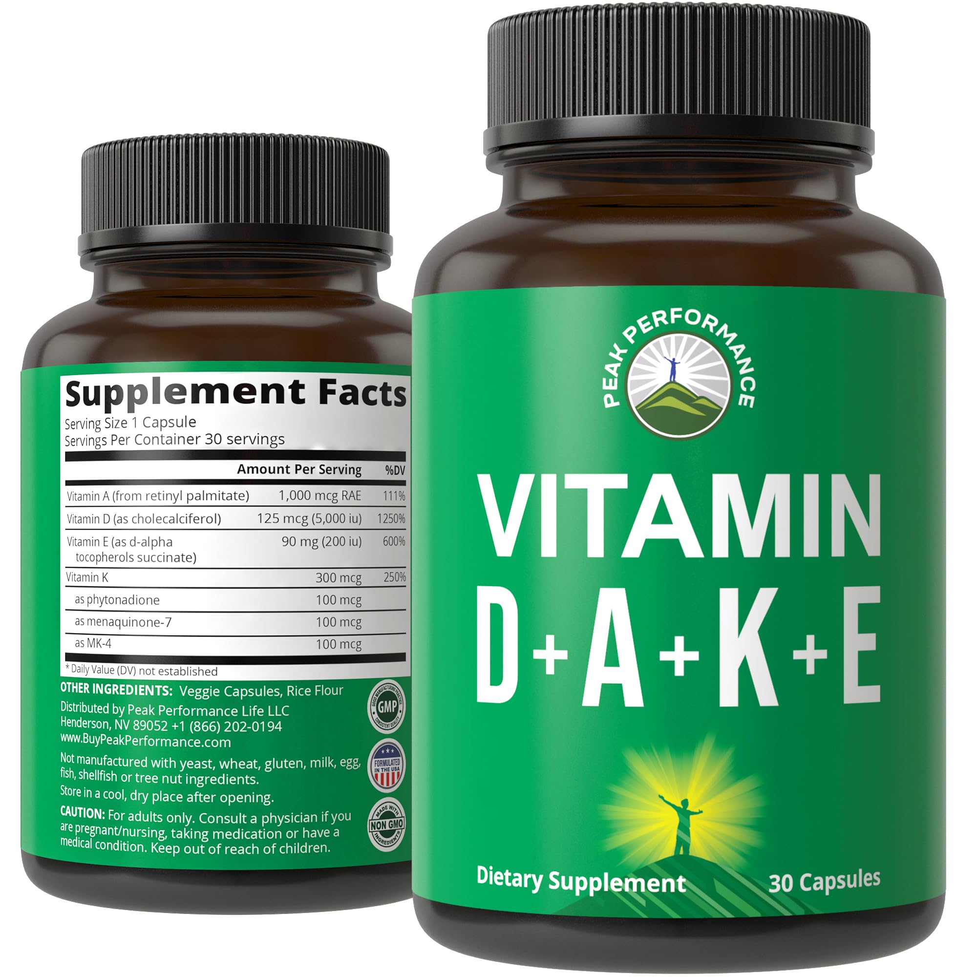 Peak Performance ADK bottle front with vegan four-vitamin blend for daily wellness