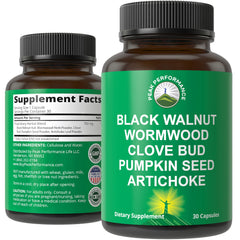 Peak Performance Wormwood bottle front highlighting vegan capsules for digestive support.