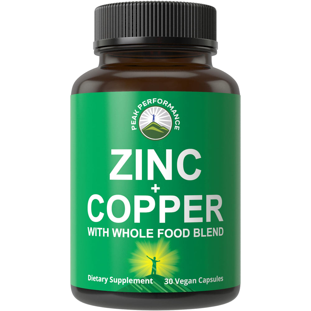 Peak Performance zinc with copper capsules bottle for daily immune support.