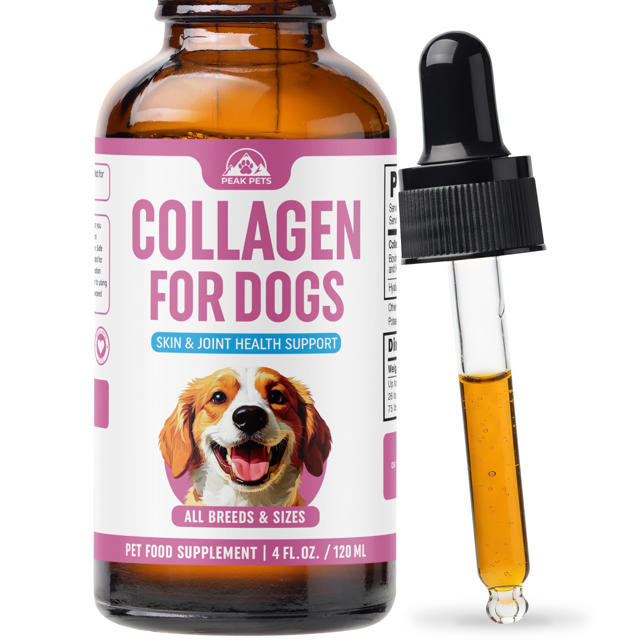 Peak Pets Premium Liquid Collagen for Dogs bottle promotes joint support