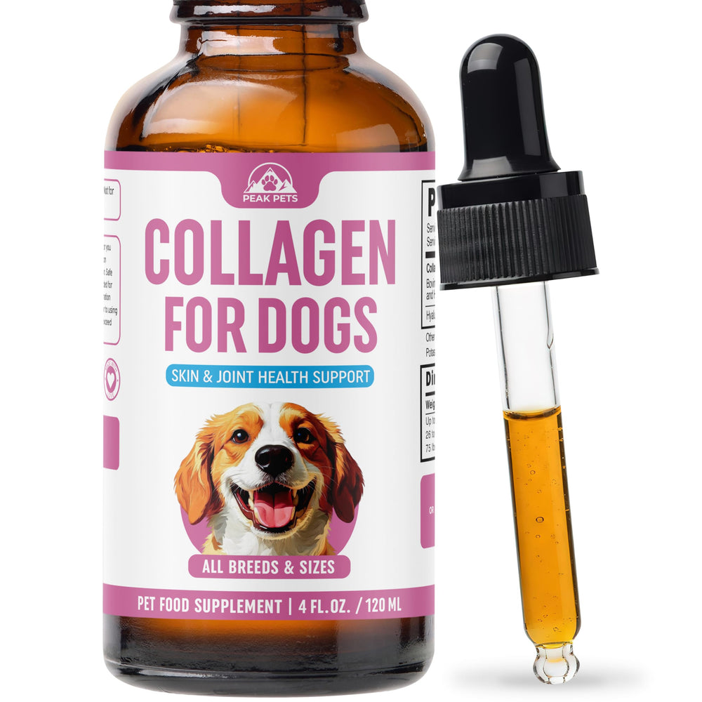Peak Pets Premium Liquid Collagen for Dogs bottle promotes joint support
