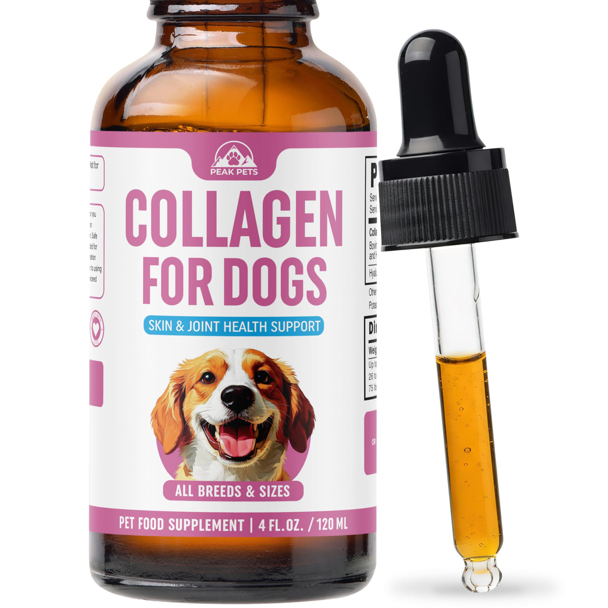 Peak Pets Premium Liquid Collagen for Dogs bottle promotes joint support