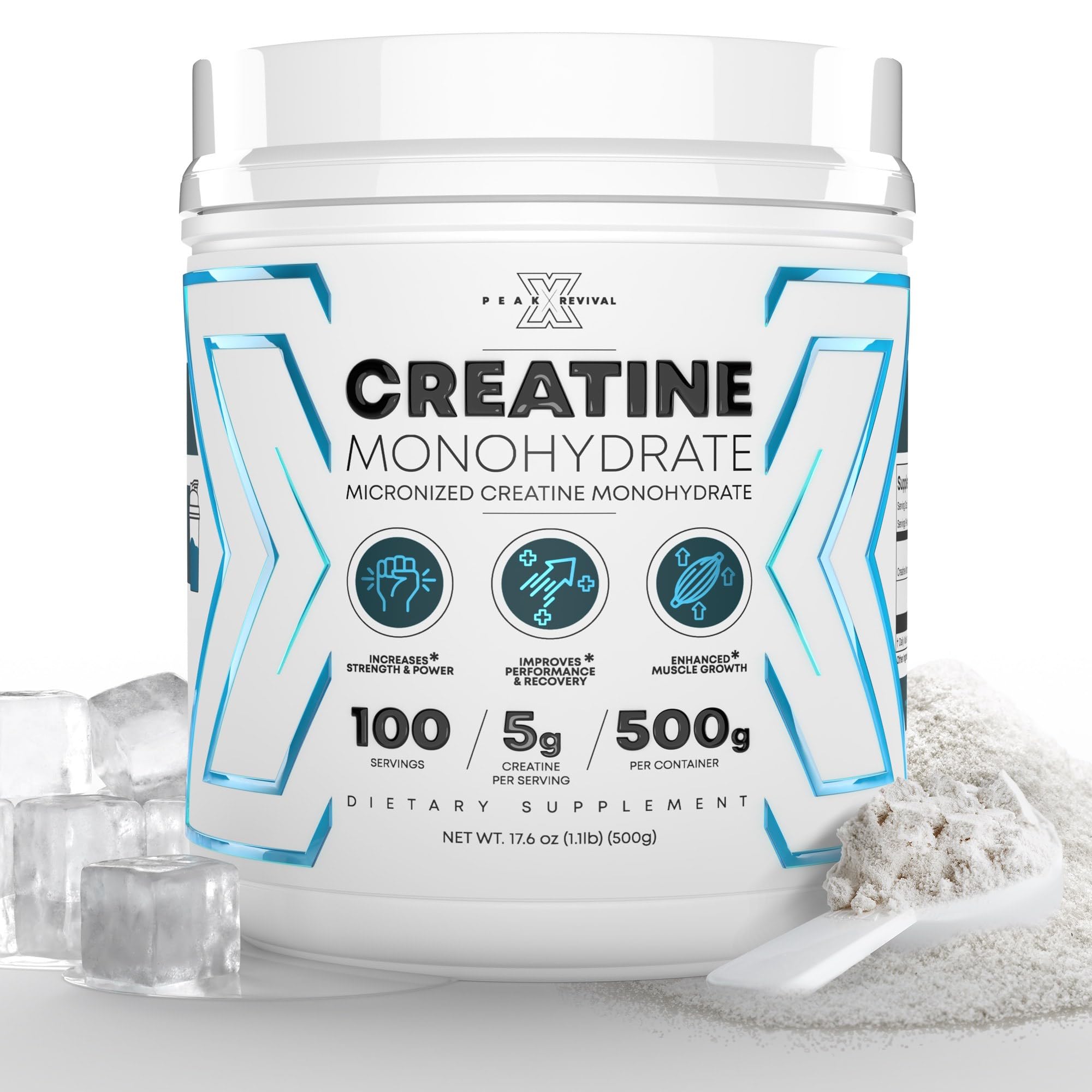 Peak Revival-X creatine bottle label signals quality and trusted branding.