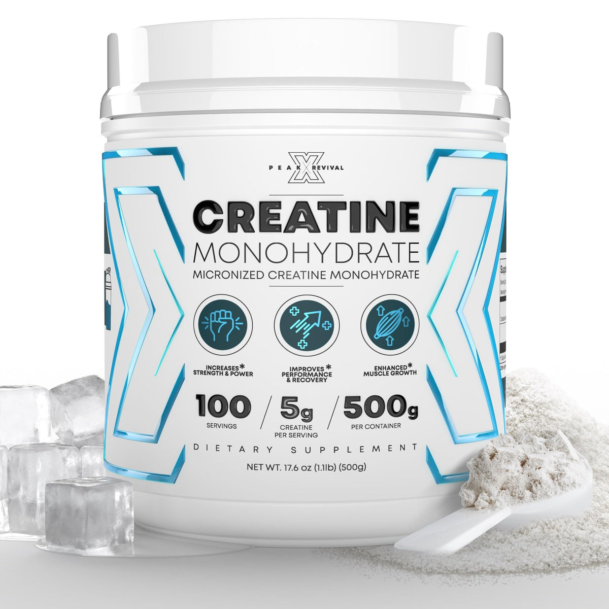 Peak Revival-X creatine bottle label signals quality and trusted branding.