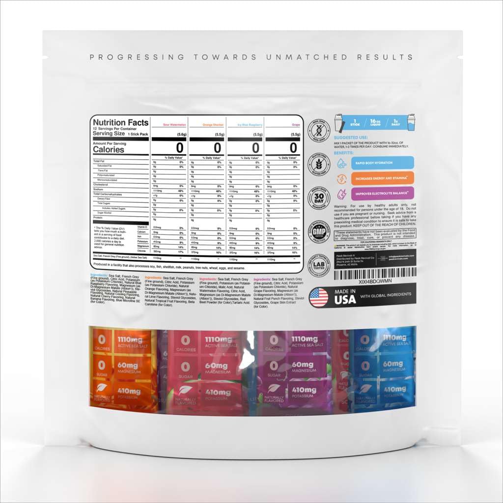 Peak Revival-X Electrolytes flavor collection showcasing colorful sachets for daily hydration