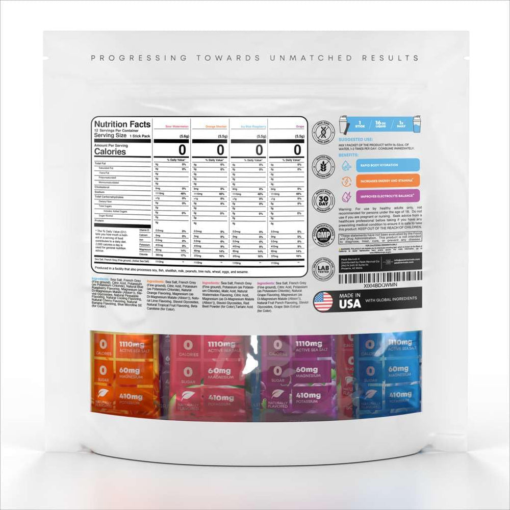 Peak Revival-X Electrolytes flavor collection showcasing colorful sachets for daily hydration