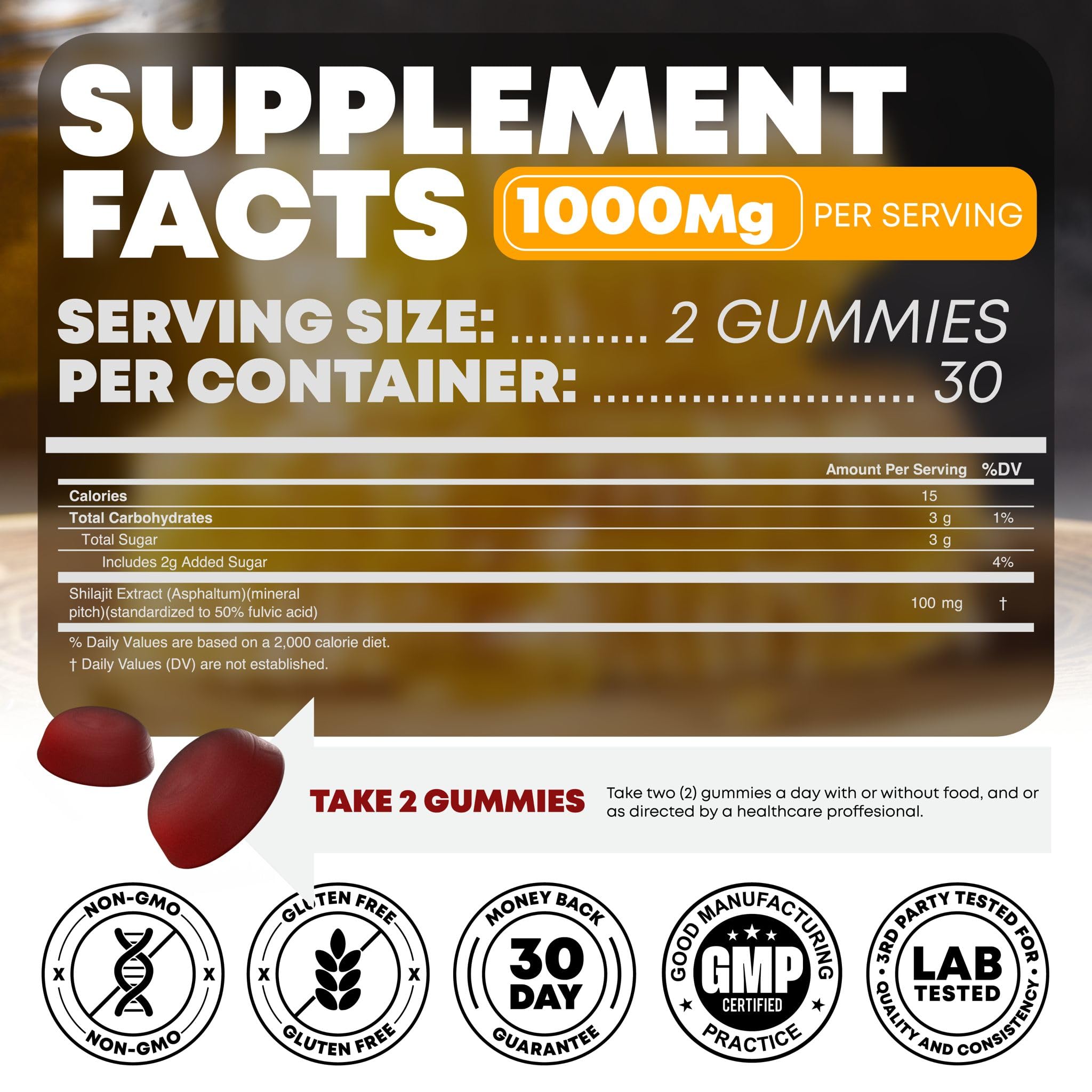 Peak Revival-X gummies showing Himalayan shilajit and Manuka honey ingredients.