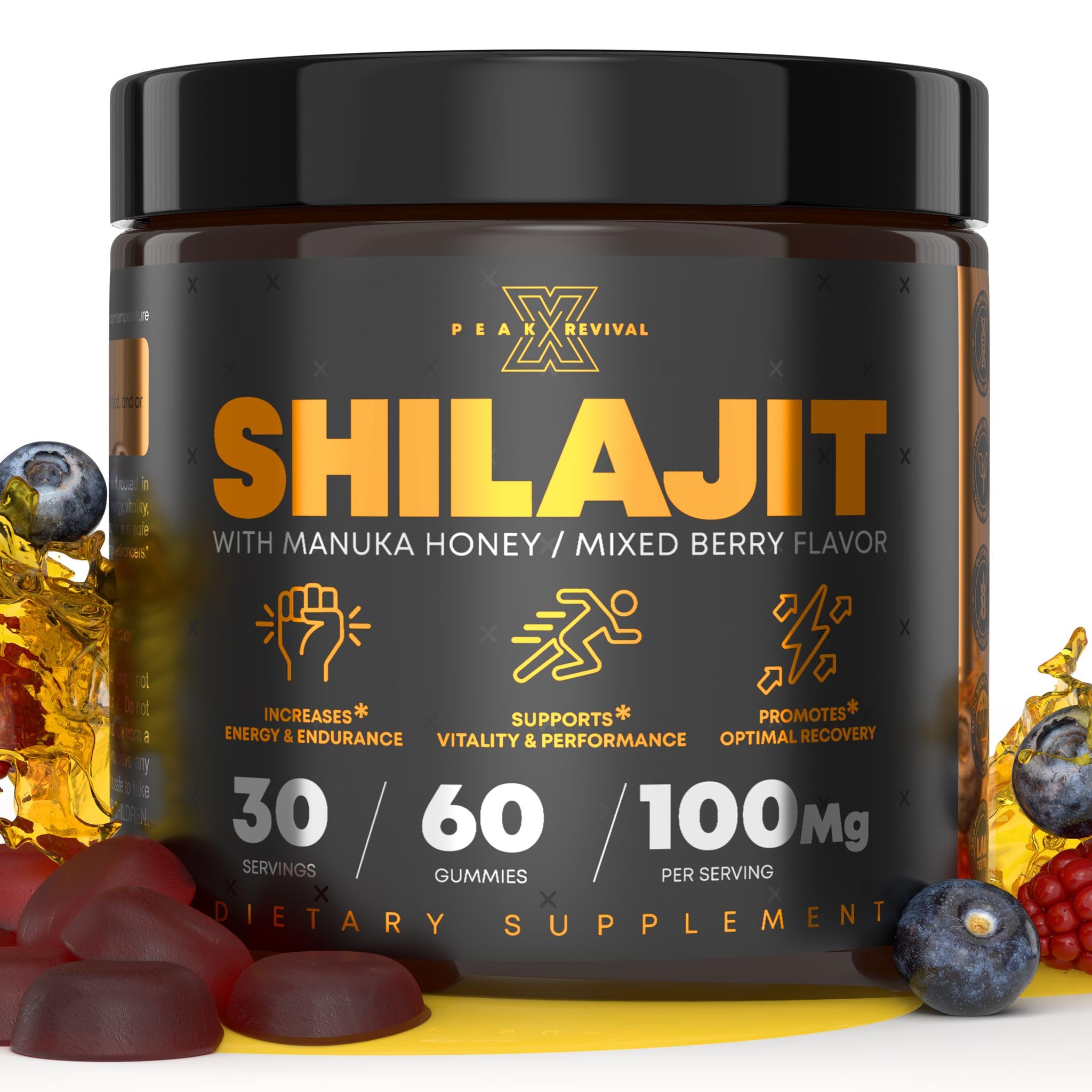 Peak Revival-X Shilajit Gummies with Manuka Honey, berry flavor, convenient daily energy support.