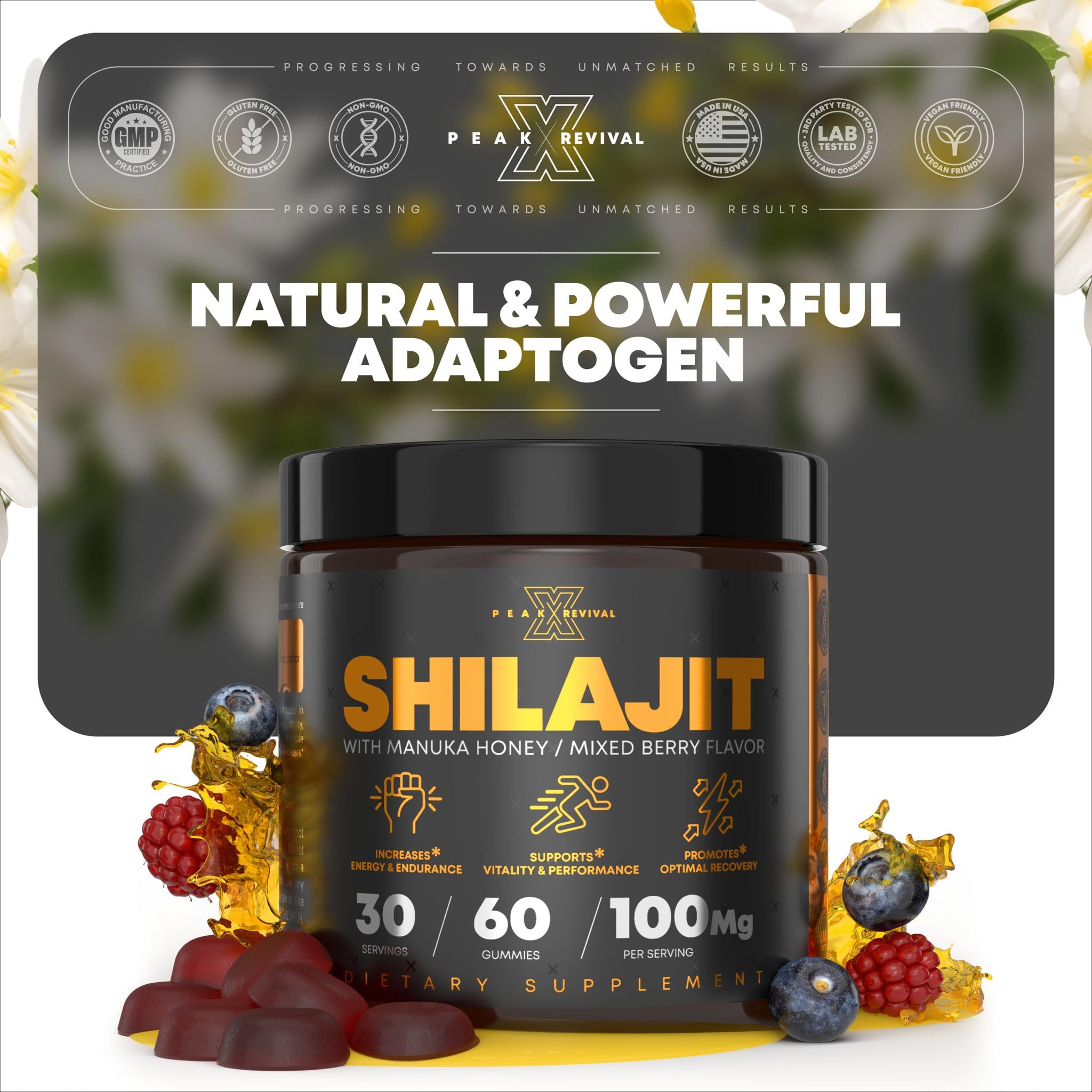 Close-up of Peak Revival-X Shilajit Gummies texture and berry blend for daily use.