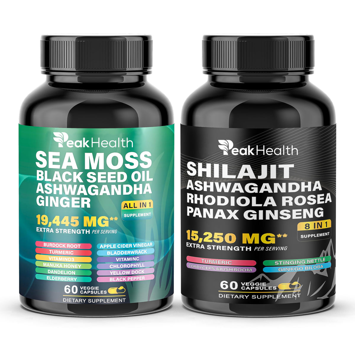 Peakhealth Shilajit Sea Moss Black Seed Oil Ashwagandha bottle for daily wellness.