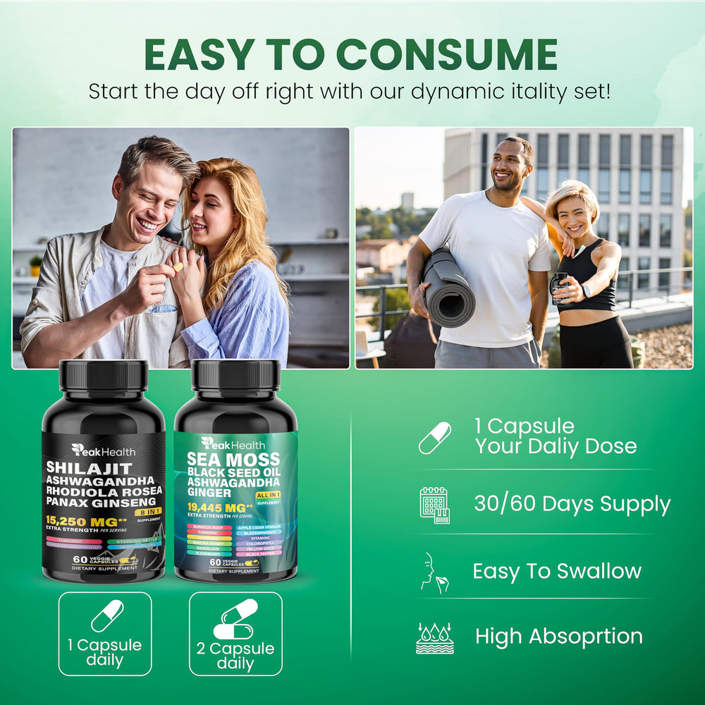 Peakhealth Two-bottle combo packaging emphasizing supply duration.