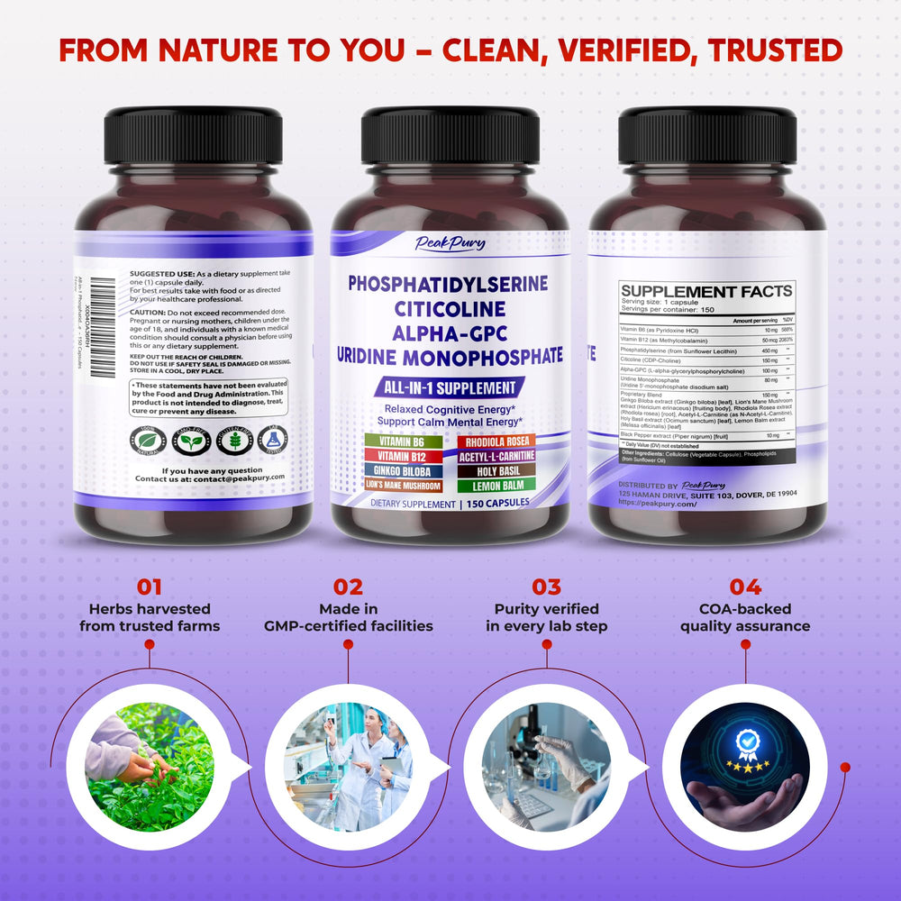 PEAKPURY branded packaging close-up for a complete cognitive formula