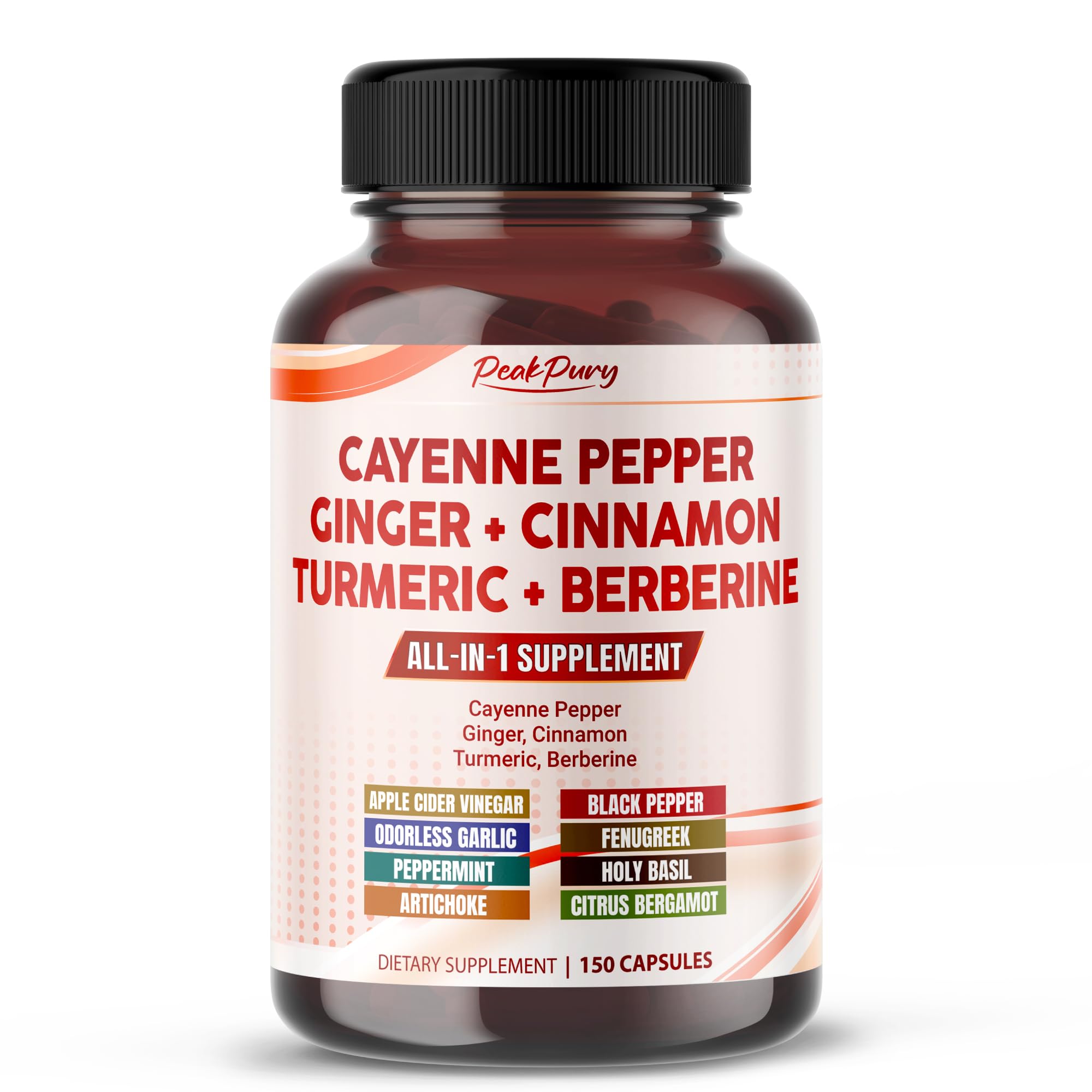 PeakPury Cayenne Pepper Capsules bottle front, suggesting digestive support