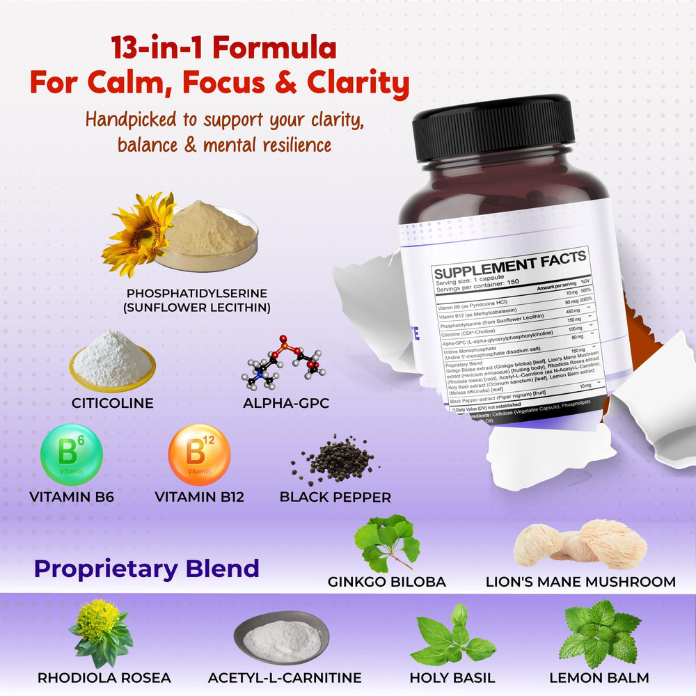 PEAKPURY label detail close-up showcasing premium cognitive wellness blend