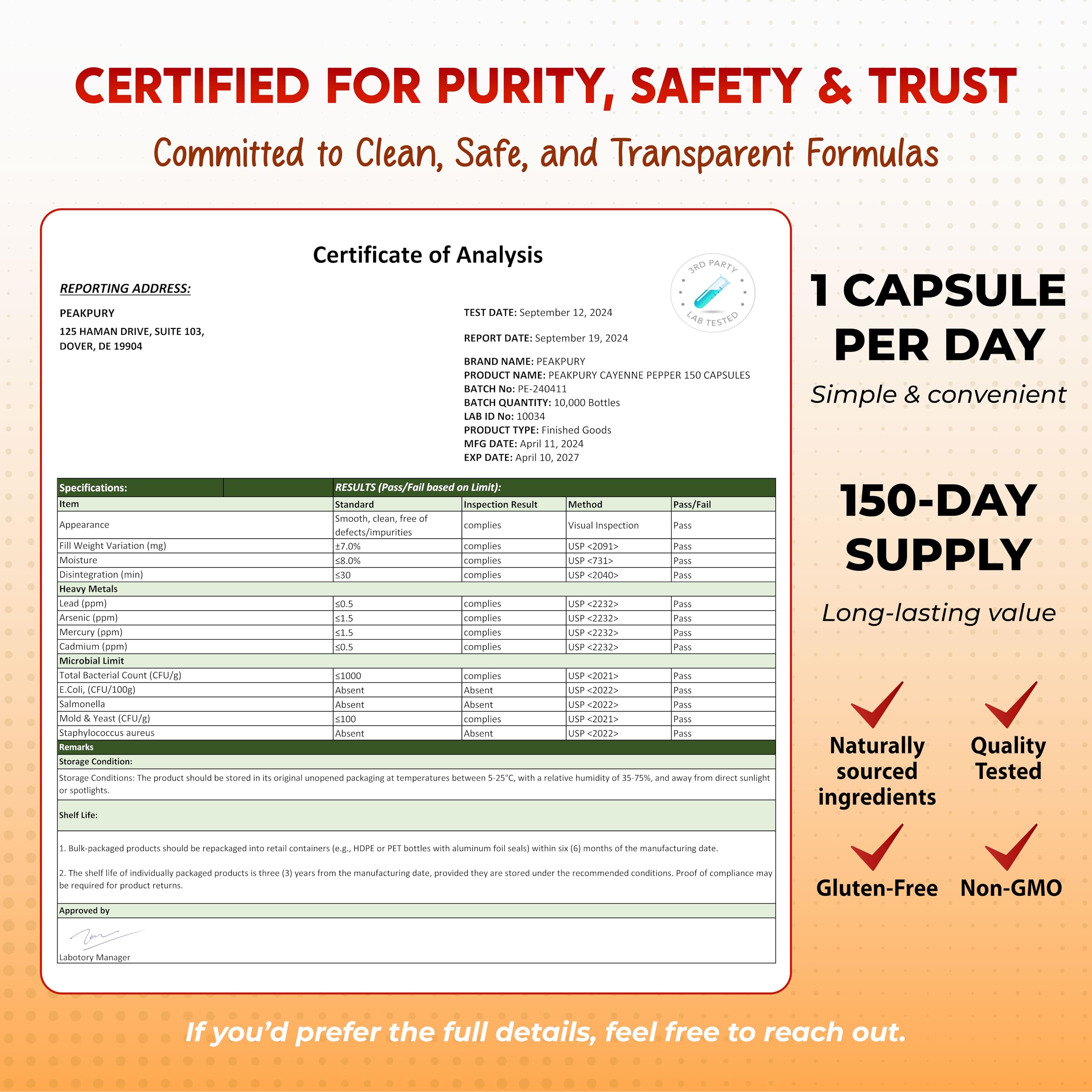 PeakPury vegan gluten-free seal signals allergen-free formulation