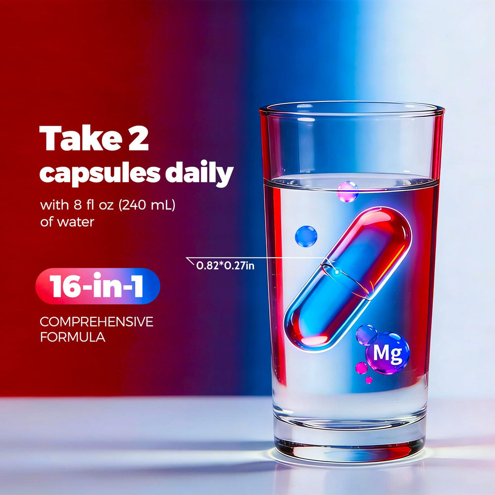 PeakVigor 16in1 Magnesium daily-dose image shows two capsules per serving