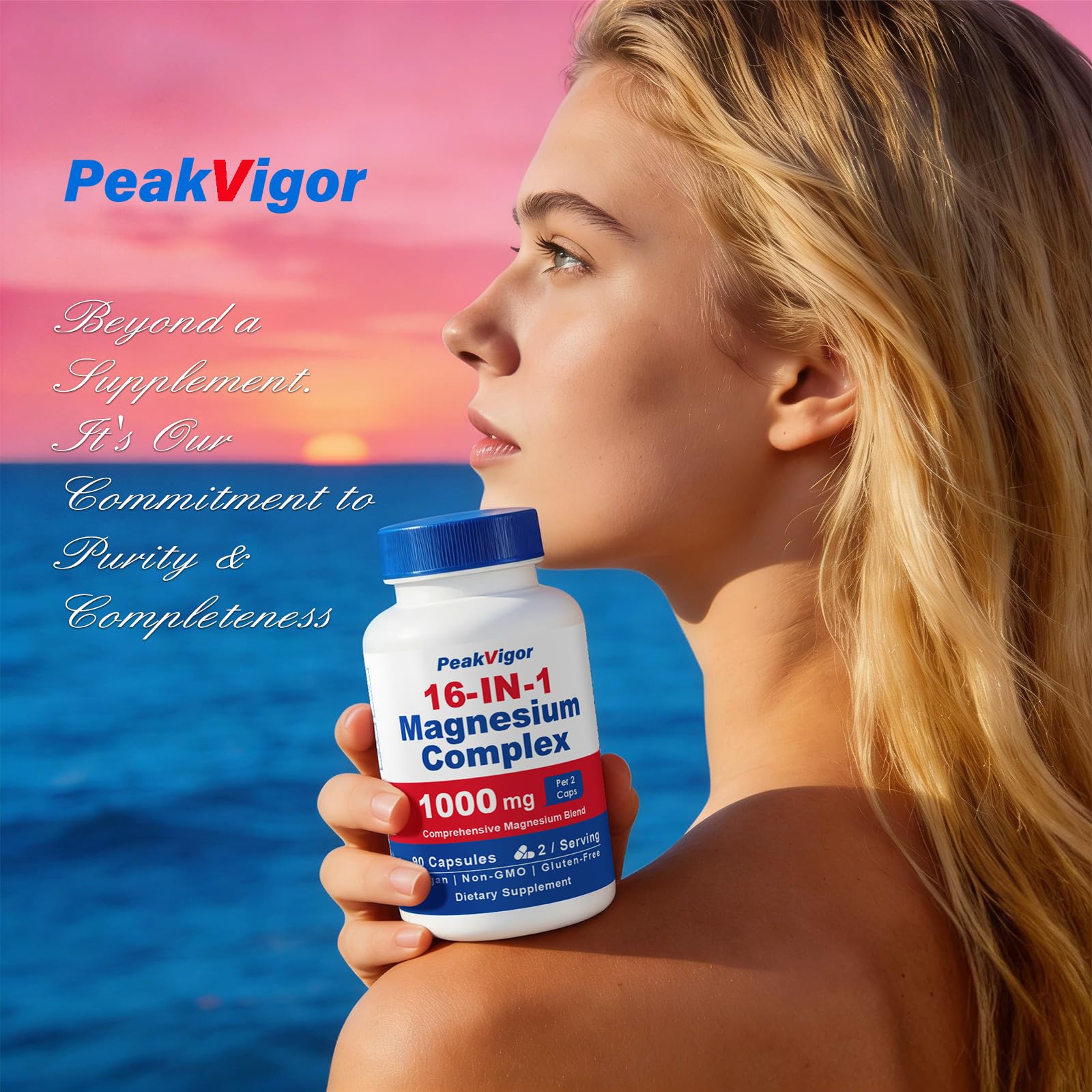 PeakVigor 16in1 Magnesium lifestyle image depicts evening wind-down routine