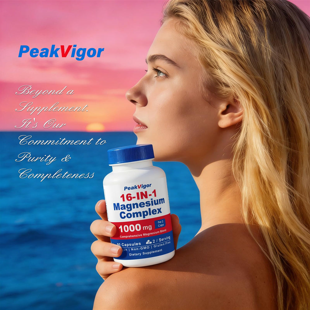 PeakVigor 16in1 Magnesium lifestyle image depicts evening wind-down routine