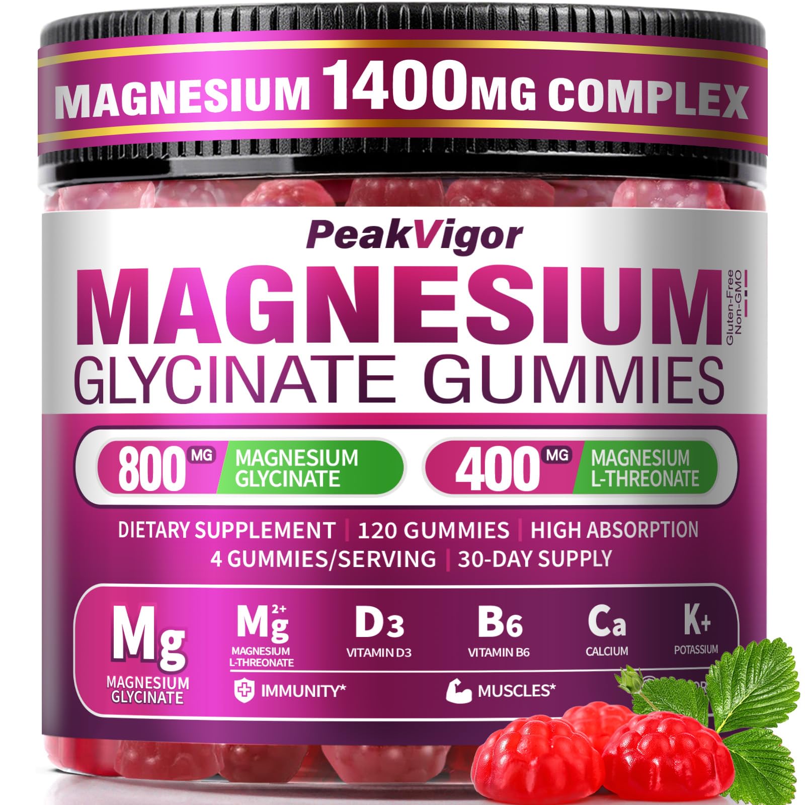 PeakVigor 5-in-1 Magnesium Gummies bottle for easy daily support and flavor.